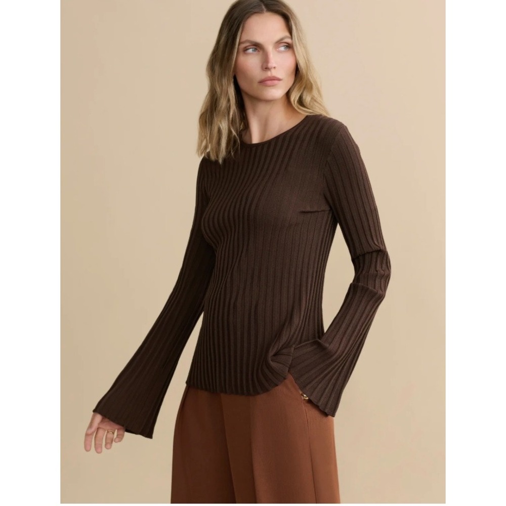 Jenni Kayne Brown Ribbed Knit Flared Bell Sleeve Top 915-7548-D25 Womens Small